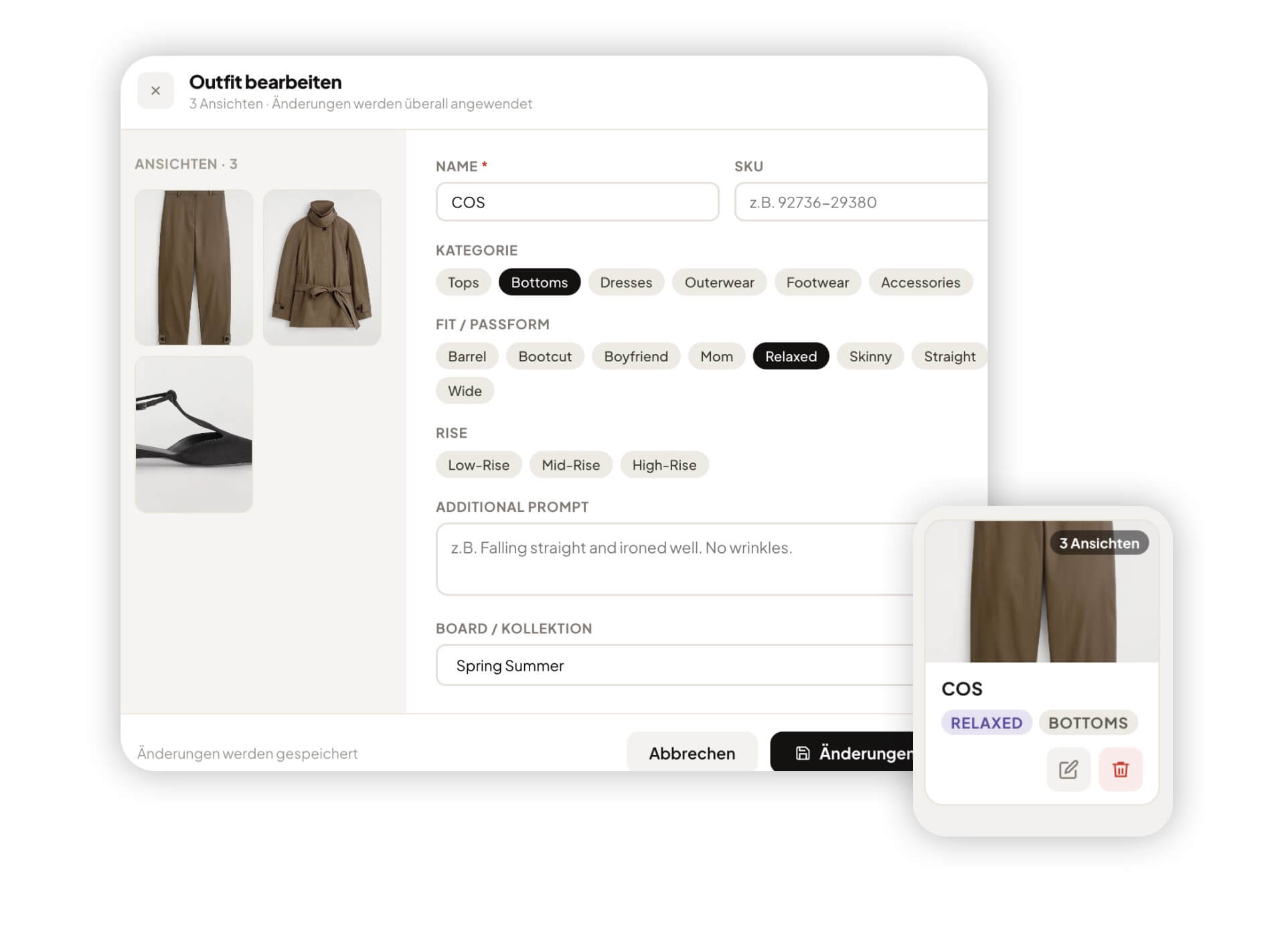 Outfit-Verwaltung mit Kategorie und Passform